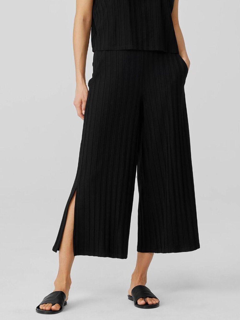 EILEEN FISHER STRETCH JERSEY KNIT WIDE LEG CROPPED PANTS SPLIT HEM sz L